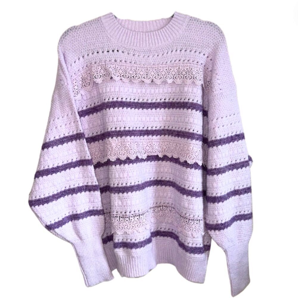 Purple Fringe Chunky Knit Lace Sweater Striped Ribbed Oversized - Picture 3 of 14